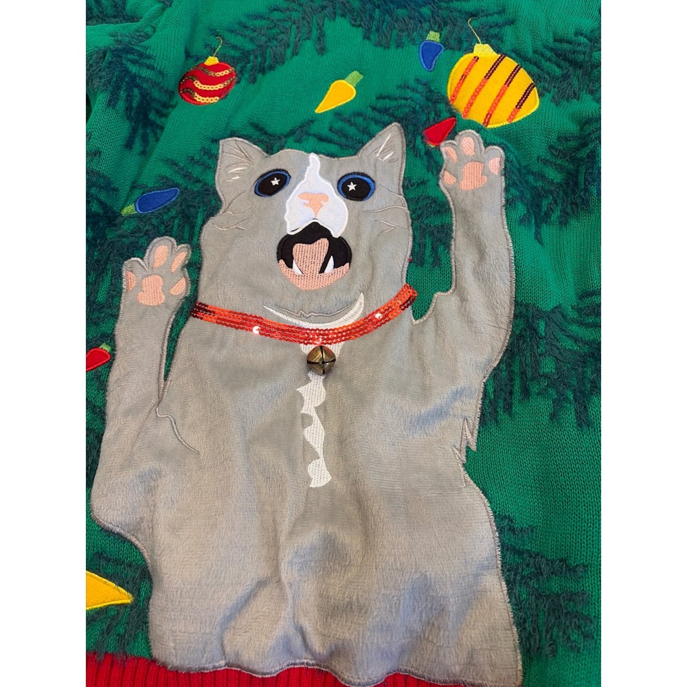 Blizzard Bay Mens Ugly Christmas Sweater Cat Pine Tree Bell Green Red Medium